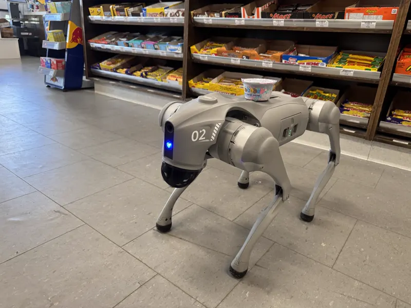 A Go2 robot dog in a shop carrying a cup